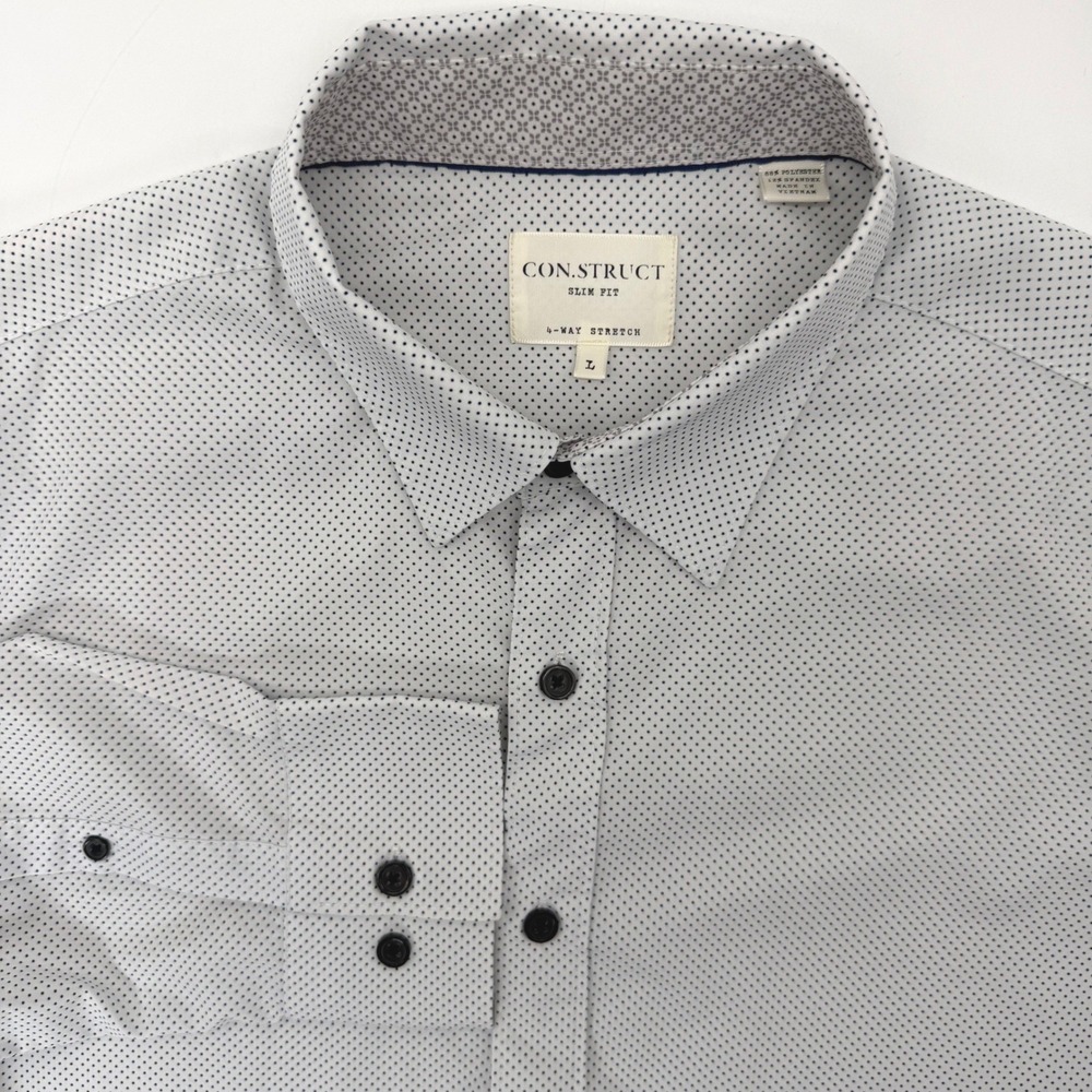 CON.STRUCT Dress Shirt Men L White Polka Dot Slim Fit 4-Way Stretch Button Up